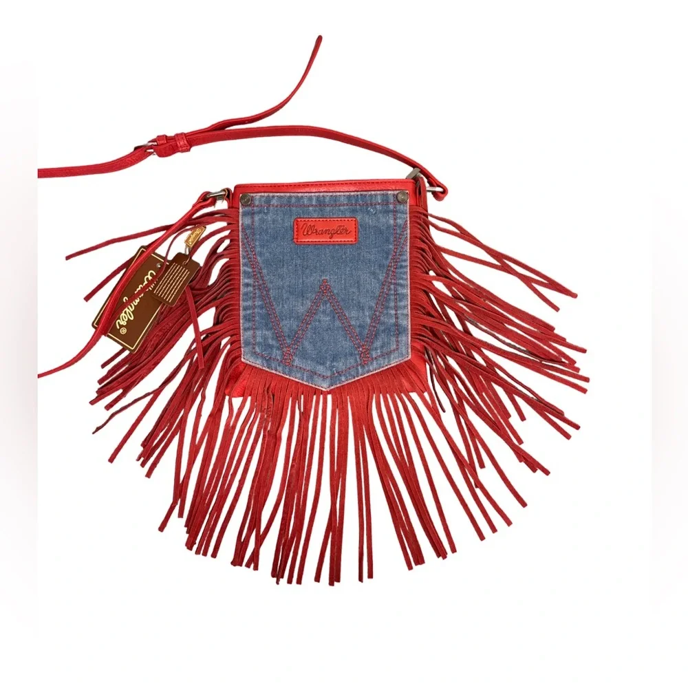 Wrangler Leather Fringe Denim Red Crossbody Bag - Picture 3 of 15